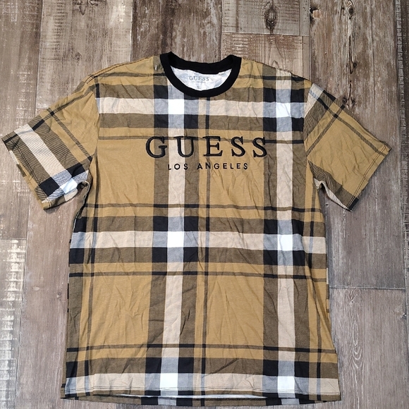 GUESS Men's Plaid Tee - Tan and Black - Picture 1 of 3